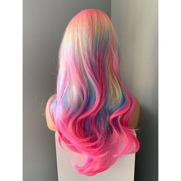 Long Wavy Neon Rainbow Synthetic 26 inch Wig - Picture 4 of 5
